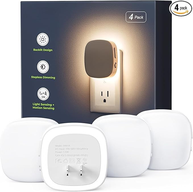 Plug-in LED Backlit Night Light with Motion Sensor & Dusk to Dawn Sensor, Dimmable Amber Nightlight with 1-50 lm Adjustable Brightness for Bedroom, Bathroom, Stairs, Hallway (4 Pack)